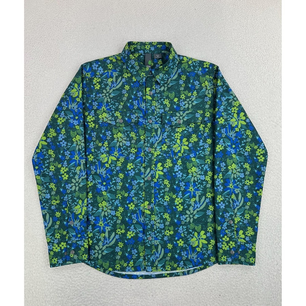 Stio Shirt Men's Medium Green Blue Floral Long Sleeve Snap Button Woven Casual